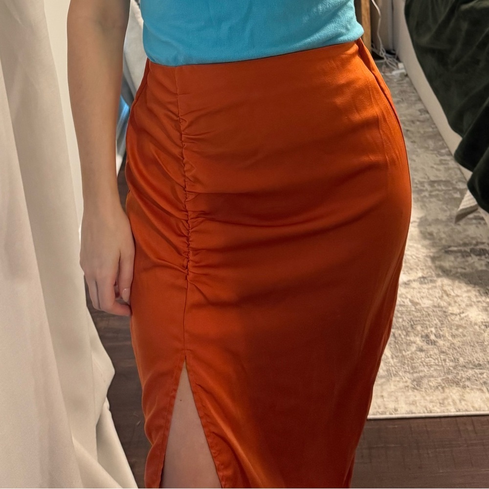 Elegant Burnt Orange Silky Midi Skirt High Slit - Picture 2 of 6